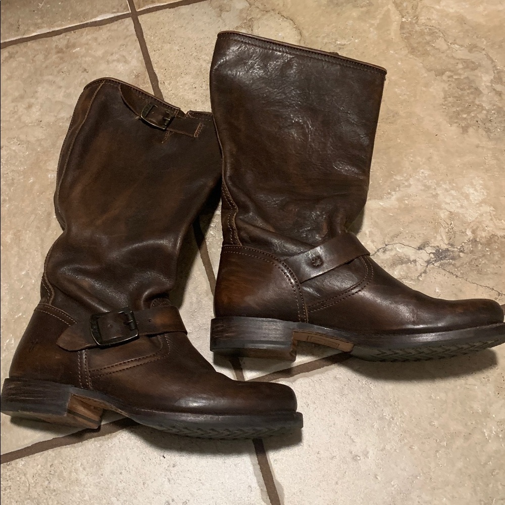 Frye Veronica Slouch Brown Leather Engineer Boots